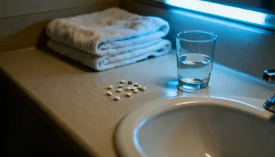 下剤や絶食の準備を連想させる緊張感のある洗面台の情景