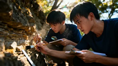 地層を前に、学生たちがノートと計測器を使って記録している場面