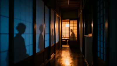 宿の廊下越しに、別の部屋の気配が漏れていた場面