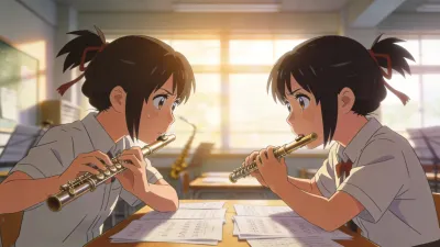 音楽室で向き合う中学生たちと発表会の緊張感を描いた横長イメージ