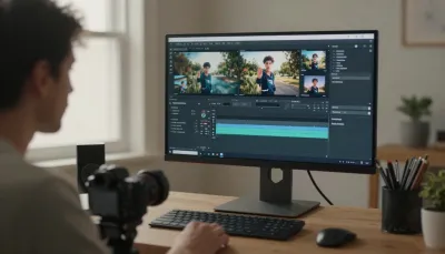 個人が動画素材を編集・整理して販売準備をしている作業風景