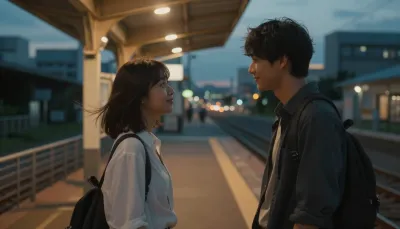 駅で再会して、次の約束を確かめる翔也と凛の待ち合わせの場面