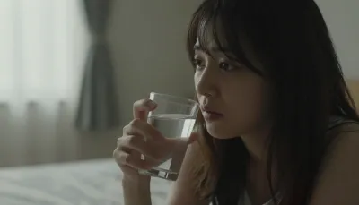 途中で立ち止まり、水を飲みながら気持ちを整理する場面