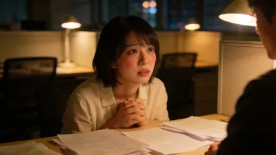会社を立ち上げた後、元の職場から来た女性に思いを告げられる静かな夕方の場面