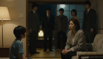 夜の居間で向き合う母と近所の男たち、戸口で立ち尽くす子どもの緊張