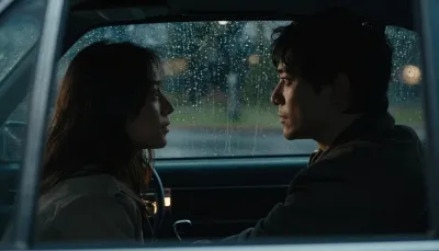 車内で視線を交わすふたり、雨音だけが響く夜