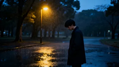 雨の公園で、裏切りを受け止めきれないまま立ち尽くす主人公