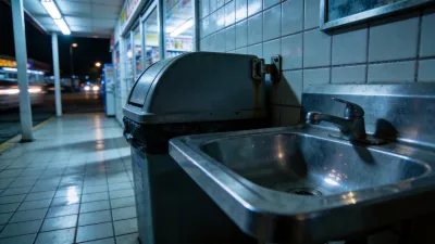 コンビニのトイレ周辺とゴミ箱の不穏な静けさを描いたイメージ