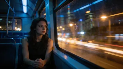 帰宅途中の電車内で不安そうに座る女性のシーン