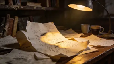 書きかけの原稿と机の上の紙束のイメージ