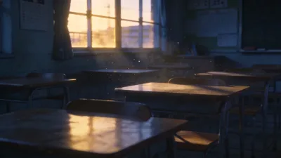 夕暮れの小学校教室、静かな机と窓光のある緊張感のある情景