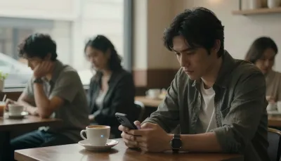 カフェで向かい合う三人の緊張感と、スマホ画面を見つめる場面を描いた画像