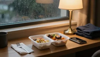 ホテルのデスクに置かれた持ち帰りの夕食とスマートフォン、雨の窓辺、静かな夜のひとり時間